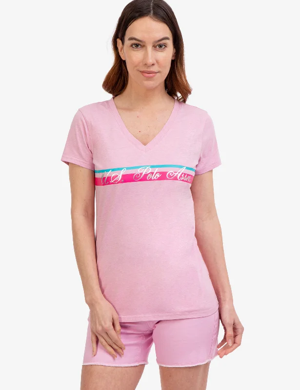 V-NECK STRIPE FOIL GRAPHIC T-SHIRT