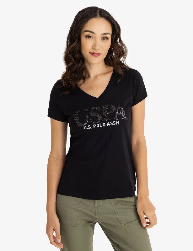 MIXED SEQUINS V-NECK JERSEY T-SHIRT