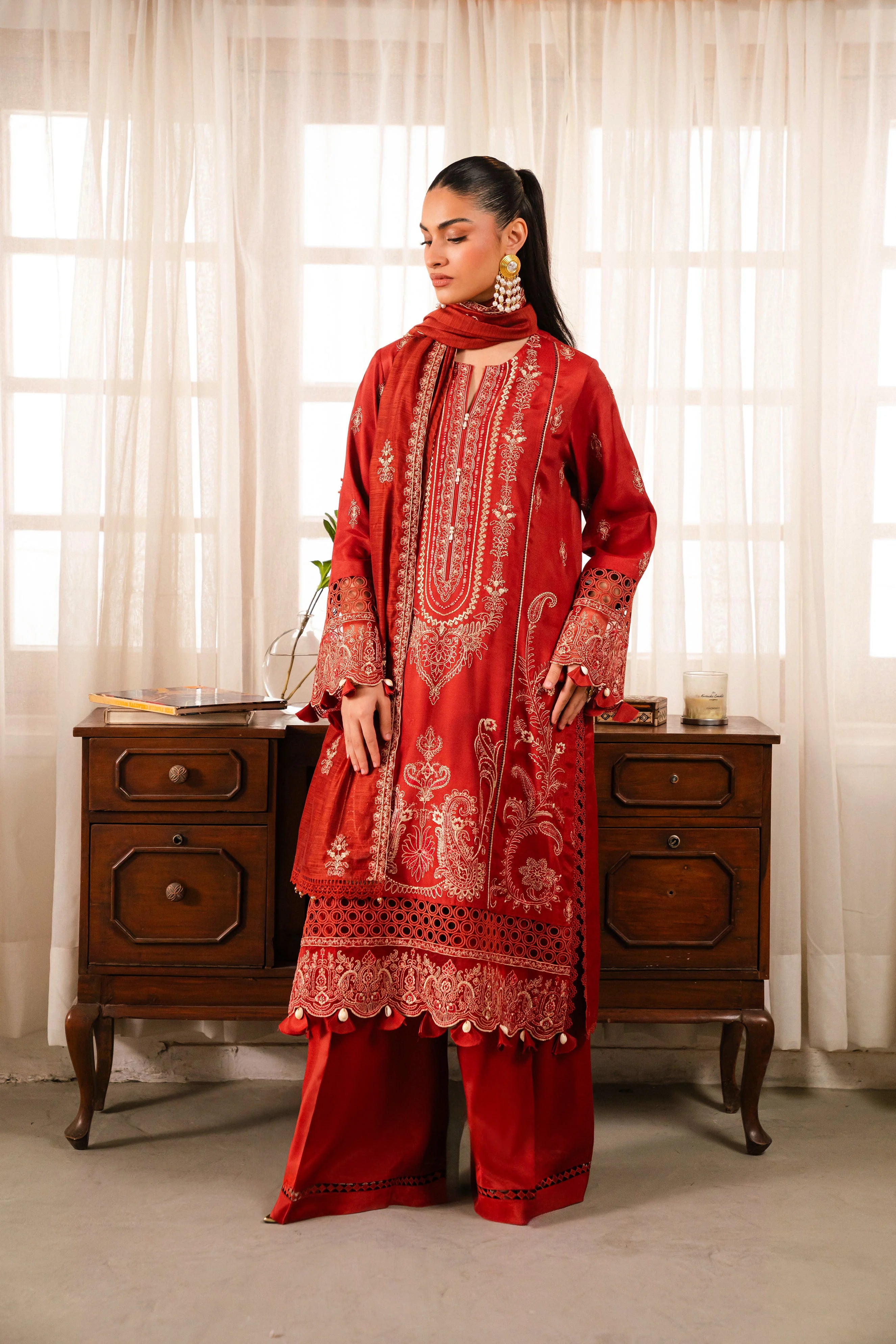 3 Piece Embroidered Raw Silk Suit