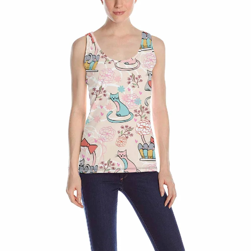 Women's Tank Top print with cute cats flowers pattern