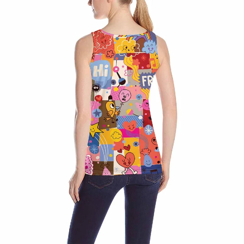 Women's Tank Top print with colorful cute sketchy cartoon pattern