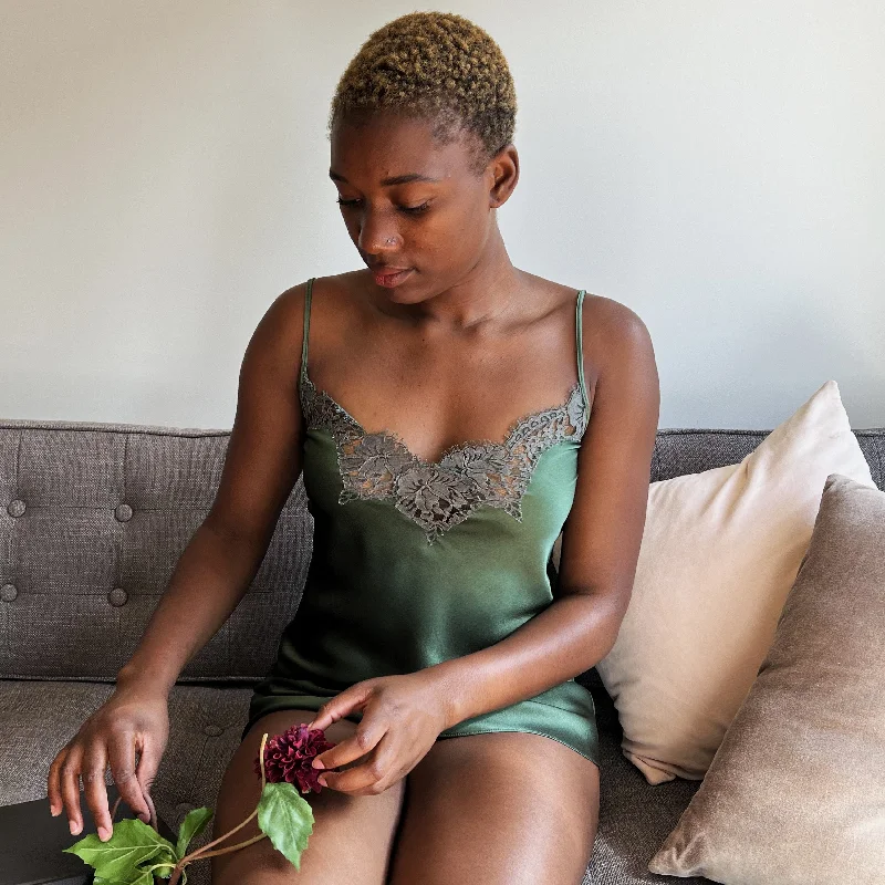 Green silk camisole trimmed with French lace