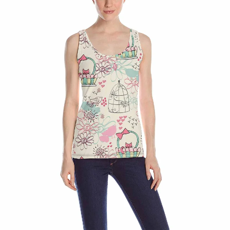 Women's Tank Top print with cute cats basket of flowers pattern