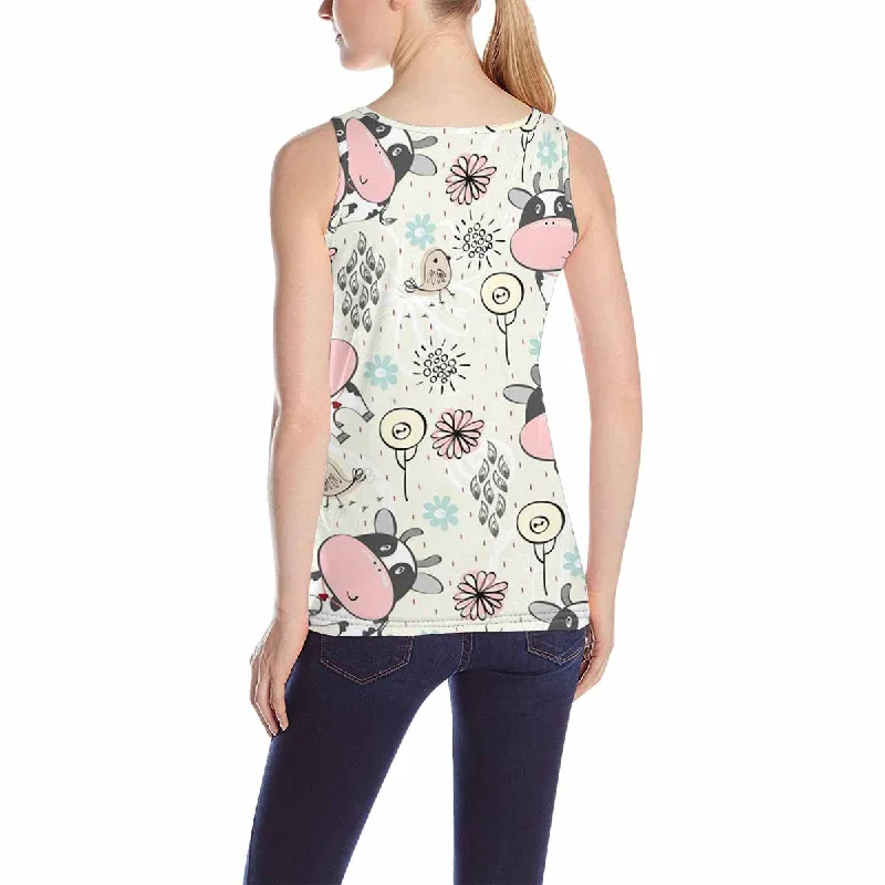 Women's Tank Top print with cute cows birds flowers pattern