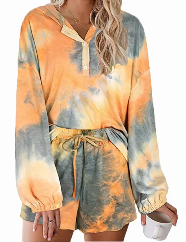 Gradient tie-dye hooded long sleeved homewear pajamas