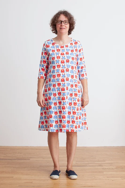 Women's Helsinki Dress - Furry Friends Red & Blue