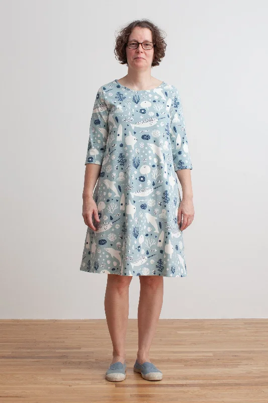 Women's Helsinki Dress - Sea Creatures Pale Blue & Navy