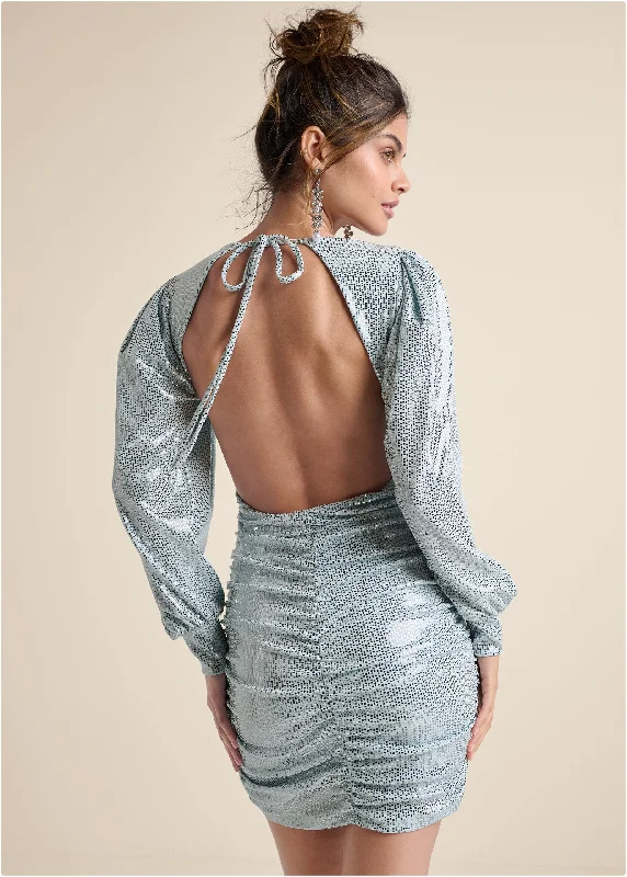 Open-Back Shimmer Dress  - Blue Metallic