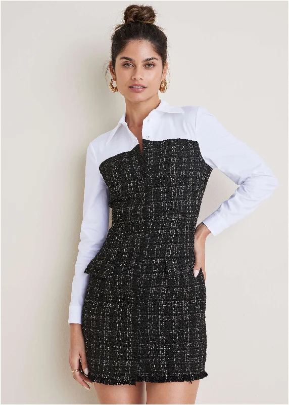 Tweed Button Down Dress - Black & Gold Combo