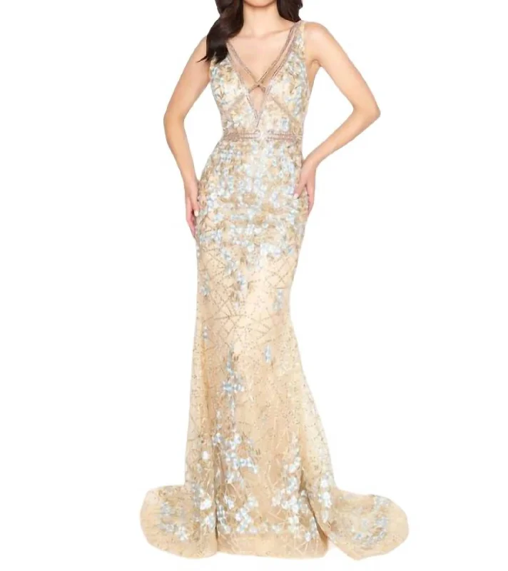 Floral Couture Gown In Gold