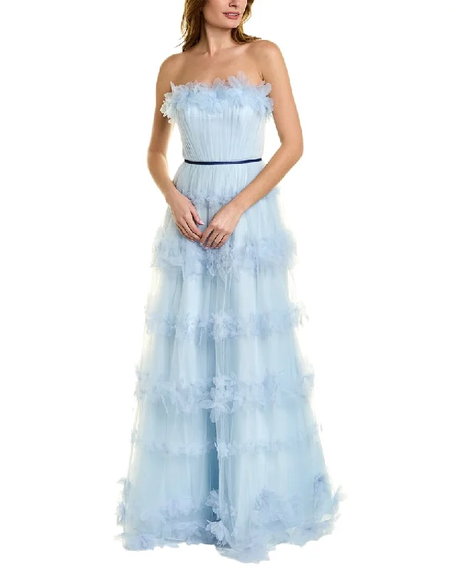 Marchesa Notte 3D Floral Stripe Tulle Ballgown