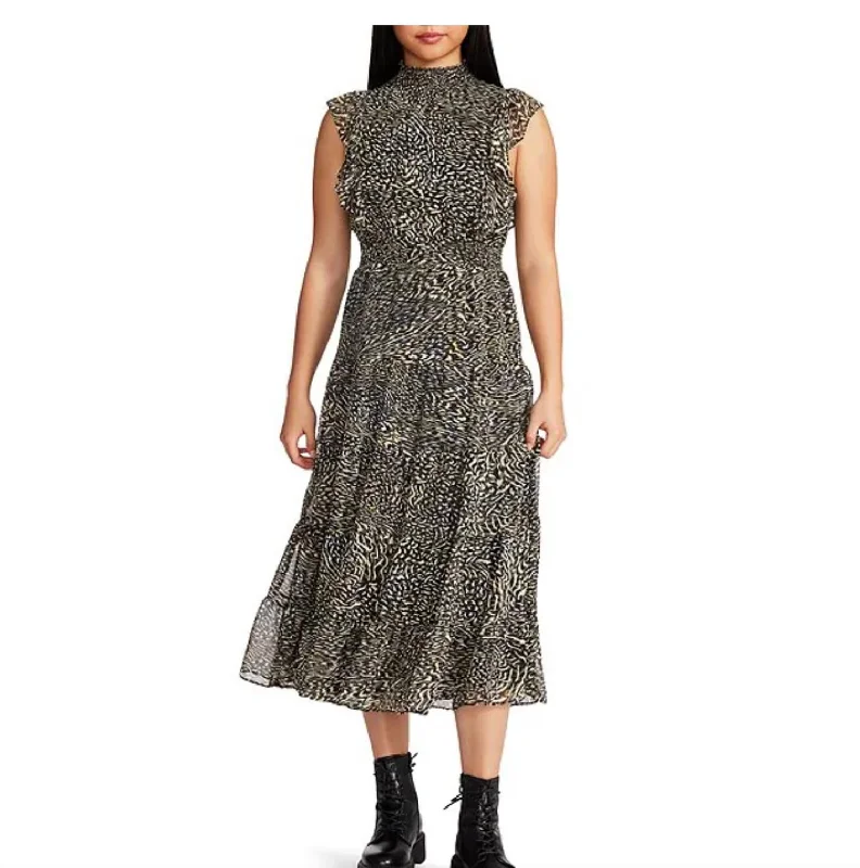 Anna Animal Print Mock Neck Ruffle Cap Sleeve A-Line Midi Dress In Black