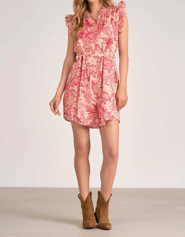 Ruffle Sleeves Mini Dress In Pink Leafy