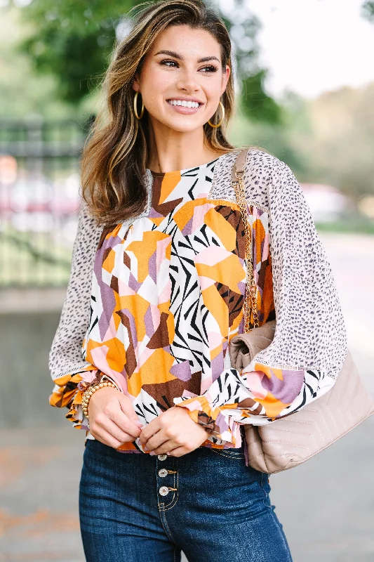 Fate: All You Can Do Taupe Brown Mixed Print Blouse