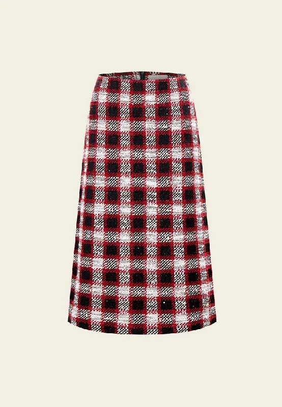 Red Plaid Tweed Midi Skirt