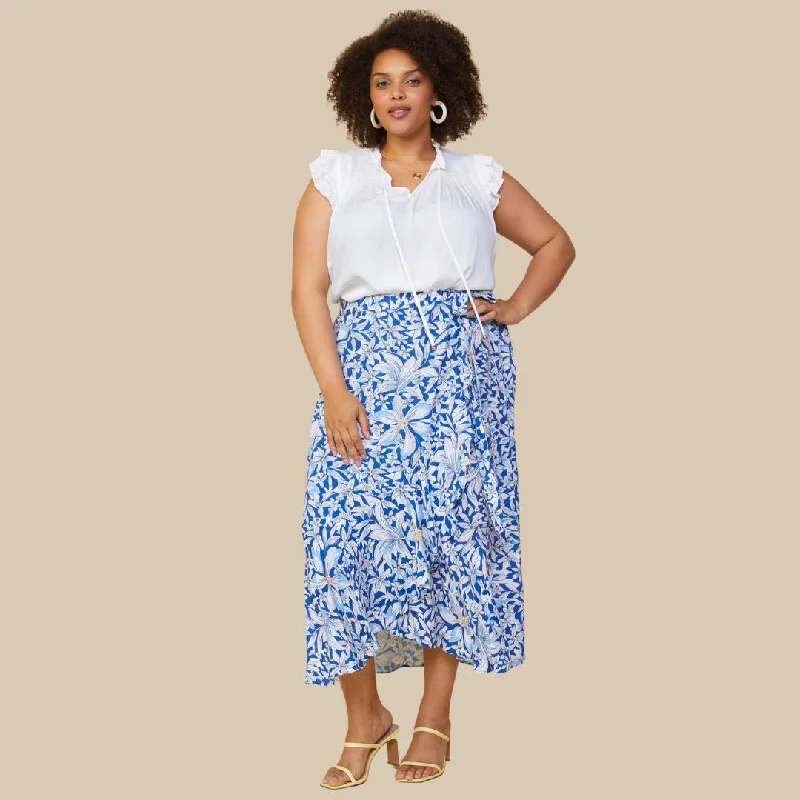 Floral Print Ruffle Wrap Skirt (White Navy)