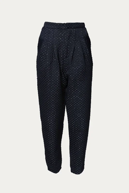 Creme Quilt Peg Trousers In Navy Blue