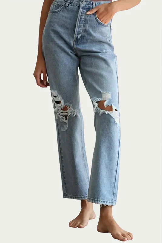 Distressed Straight-Leg Jeans In Blue