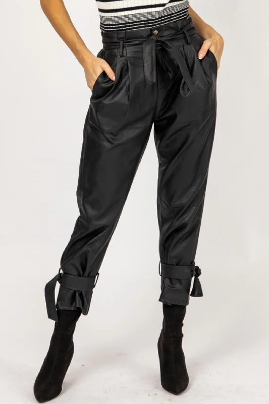 Leather Pleated Ankle Tie Pants In Black