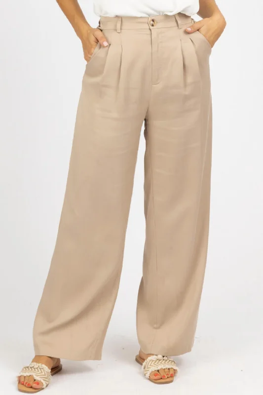 Pleated Woven Pants In Khaki