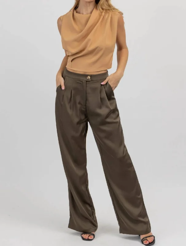 Satin Wide Leg Pintuck Pant In Olive