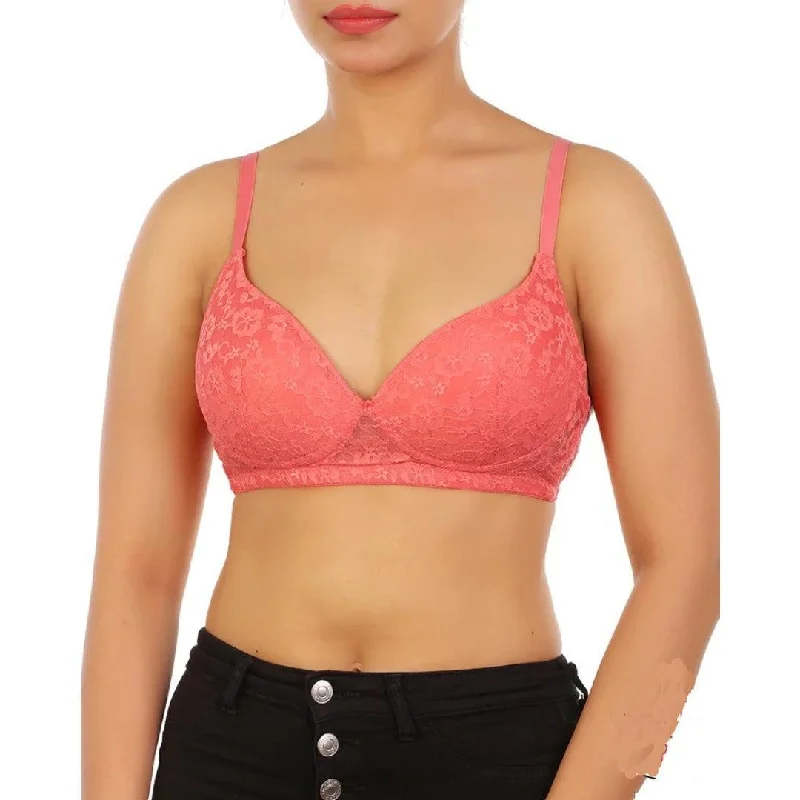 Peach Colors Padded Bra with Lace Light Padded Push-Up Bra with Adjustable Straps For Women