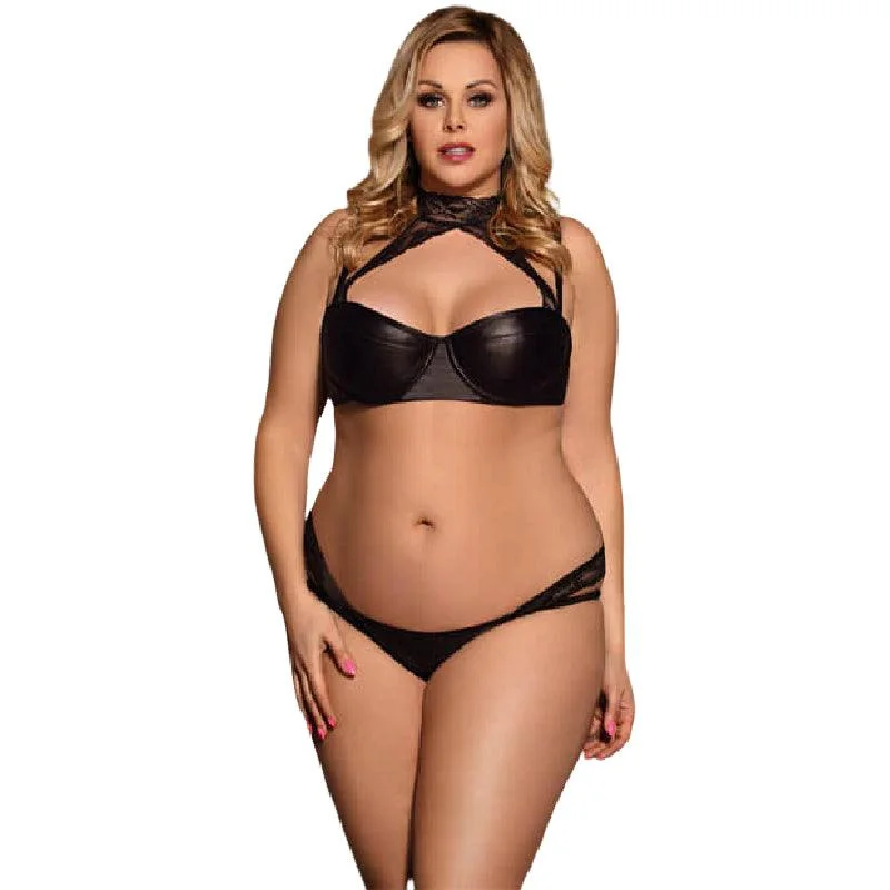 Plus Size Bra and Panty Sets Black High Neck Lace Leather Bra Set