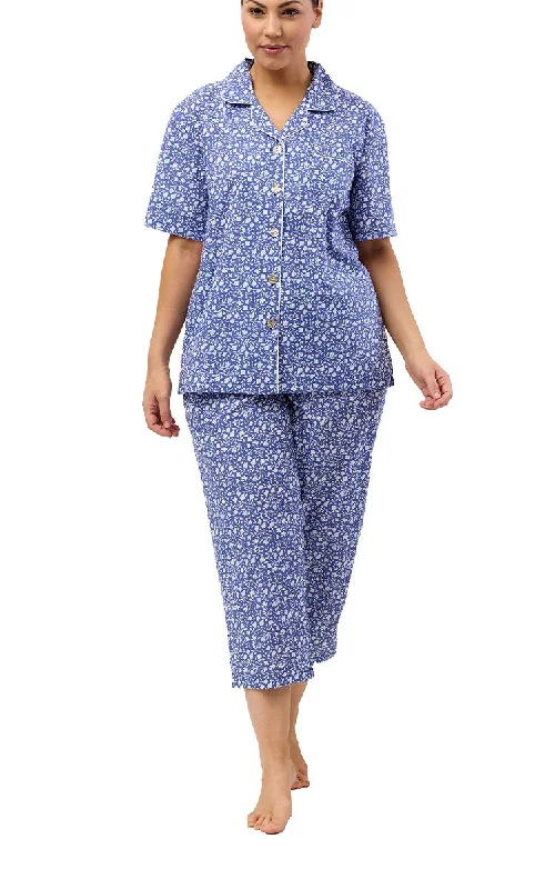 Schrank 100% Cotton Pyjama with Short Sleeve and 7/8 Length Pant in Denim Blue Leaf SK500L