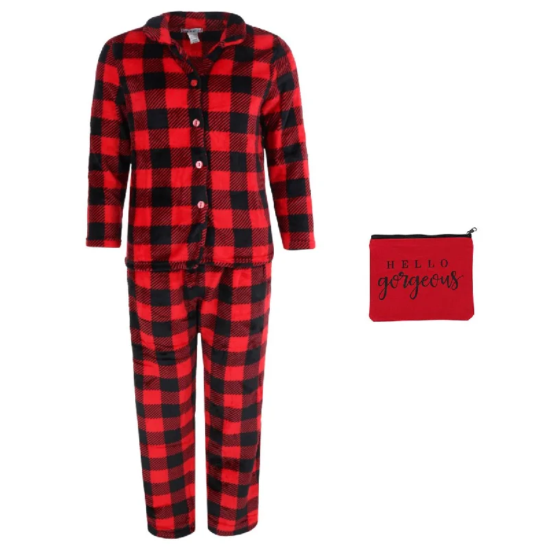 Women's Buffalo Check Long Sleeve 3 Piece Pajama Set