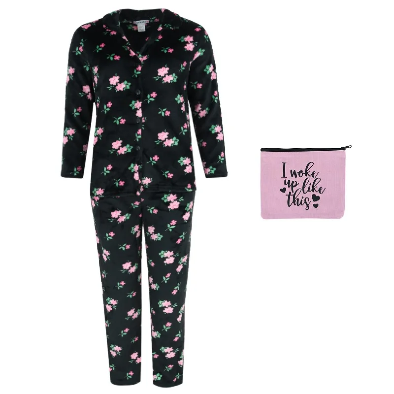 Women's Floral Notch Long Sleeve 3 Piece Pajama Set