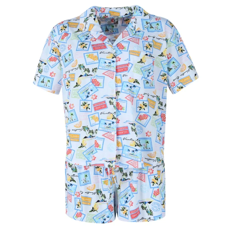 Women's Vacation Stamps Notch Collar Short Set